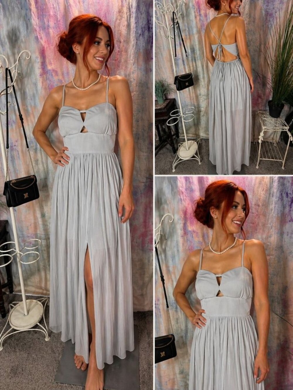 📌BCBGeneration Sexy Chiffon Slit & Cutout Open Back Flowy Formal Maxi Dress